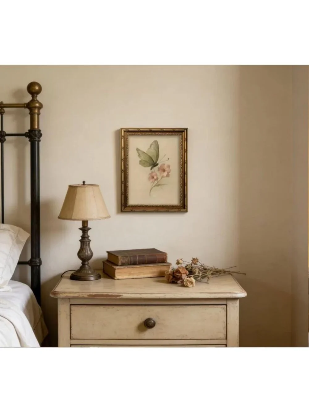 Vintage Gold Framed Butterfly & Flower Canvas Art | Rustic Cottagecore Wall